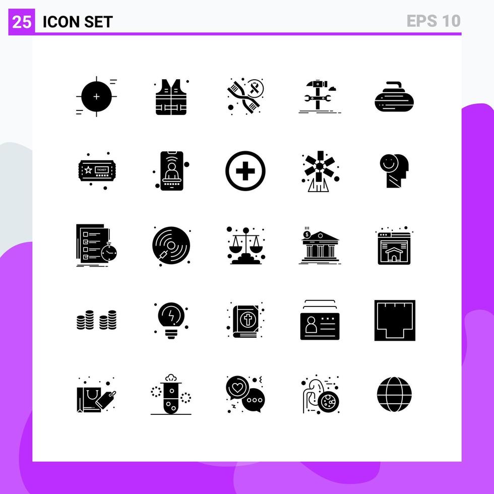 25 användare gränssnitt fast glyf packa av modern tecken och symboler av curling service dna reparera teknik redigerbar vektor design element