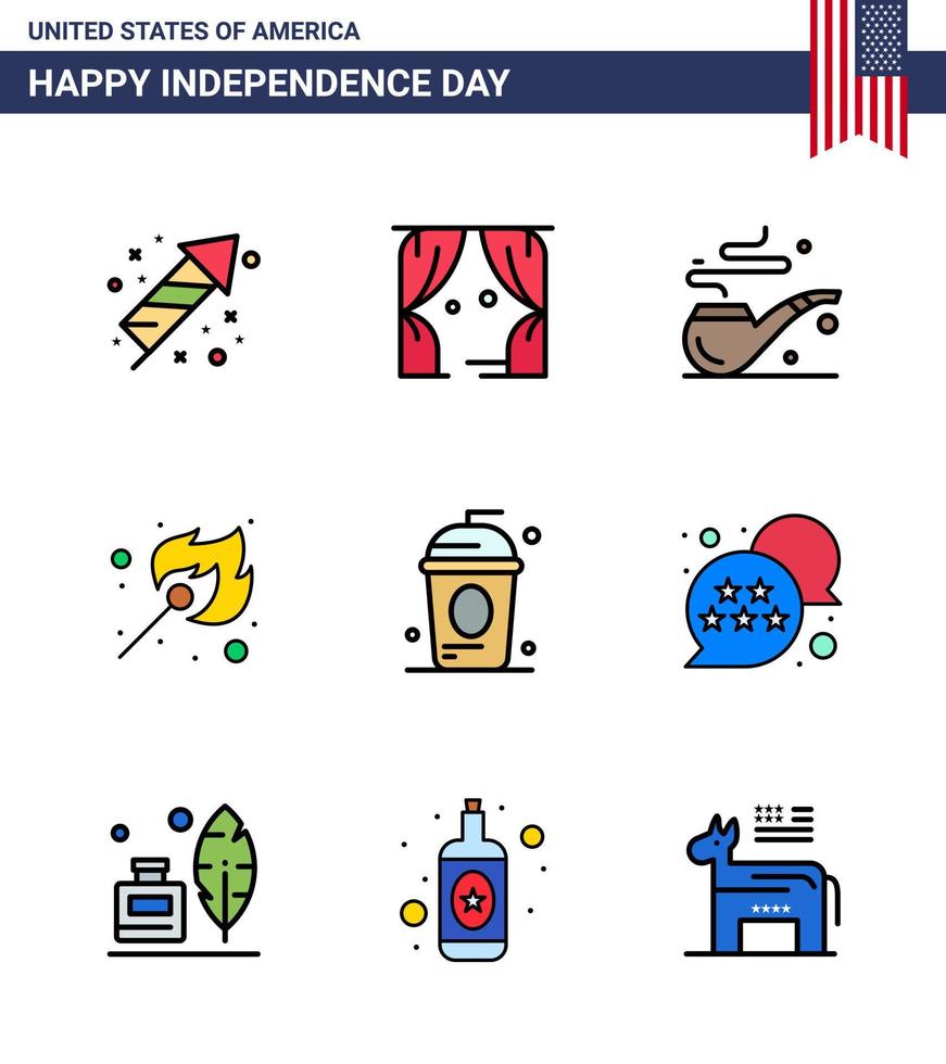 9 USA platt fylld linje tecken oberoende dag firande symboler av dryck kaka rör utomhus- brand redigerbar USA dag vektor design element