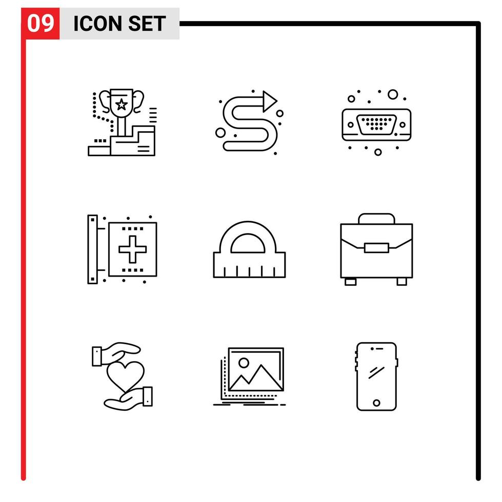 Packung mit 9 modernen Umrisszeichen und Symbolen für Web-Printmedien wie Gesundheit, Fitness, linke Krankheit, vga, editierbare Vektordesign-Elemente vektor