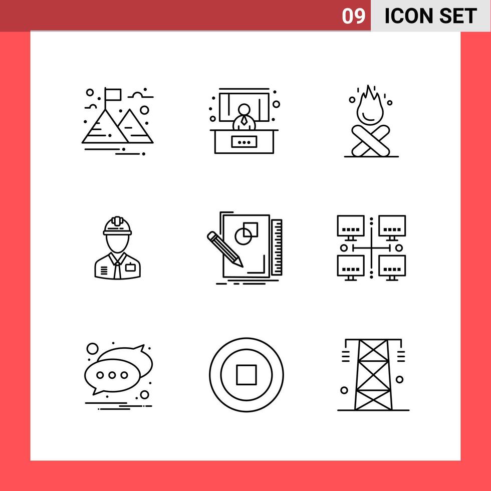 9 Icon Pack Line Style Umrisssymbole auf weißem Hintergrund einfache Zeichen für die allgemeine Gestaltung kreativer schwarzer Icon-Vektor-Hintergrund vektor