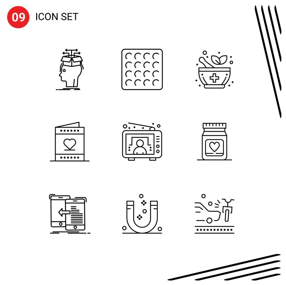 Stock Vector Icon Pack mit 9 Zeilenzeichen und Symbolen für die TV-Einladung Medizin Valentinskarte editierbare Vektordesign-Elemente