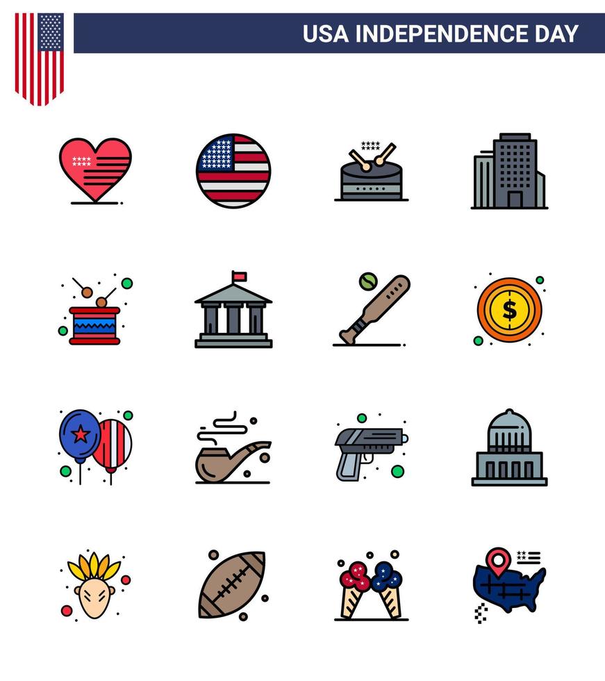 4. juli usa glücklich unabhängigkeitstag symbol symbole gruppe von 16 modernen flach gefüllten linien von feiertagstag trommel amerikanisches gebäude editierbare usa tag vektor design elemente