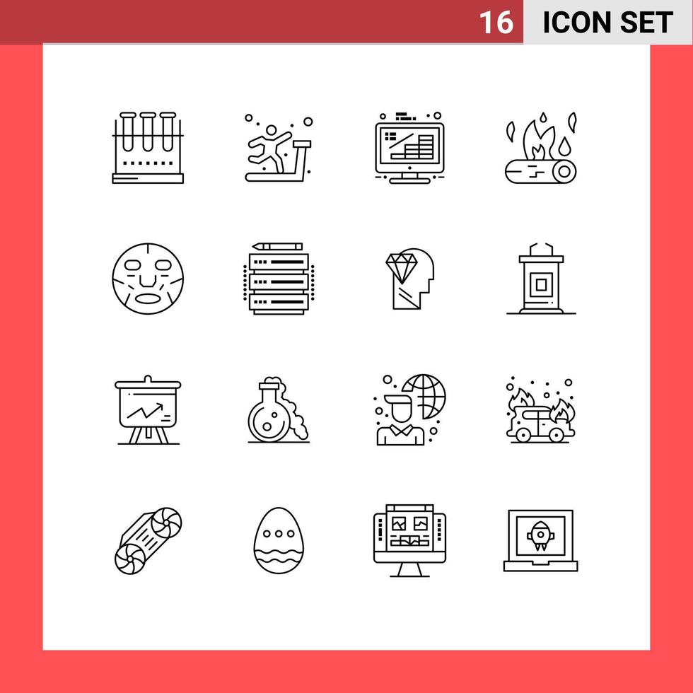 Stock Vector Icon Pack mit 16 Zeilenzeichen und Symbolen für Feuer Lagerfeuer Laufband Lagerfeuer Wachstum editierbare Vektordesign-Elemente