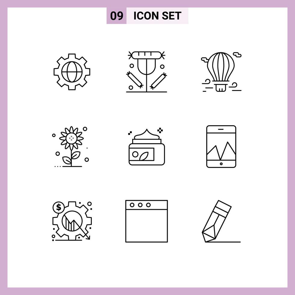 uppsättning av 9 modern ui ikoner symboler tecken för grädde natur ballong blommig resa redigerbar vektor design element