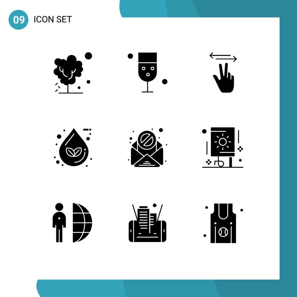 Gruppe von 9 modernen soliden Glyphen, die für mobile editierbare Vektordesign-Elemente für Ökologie-Blattnahrungstropfen festgelegt wurden vektor