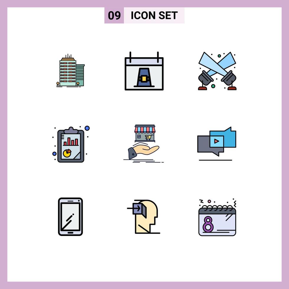 moderner Satz von 9 gefüllten flachen Farben Piktogramm von Shop-Seo-Pilgerbericht Disco-Licht editierbare Vektordesign-Elemente vektor