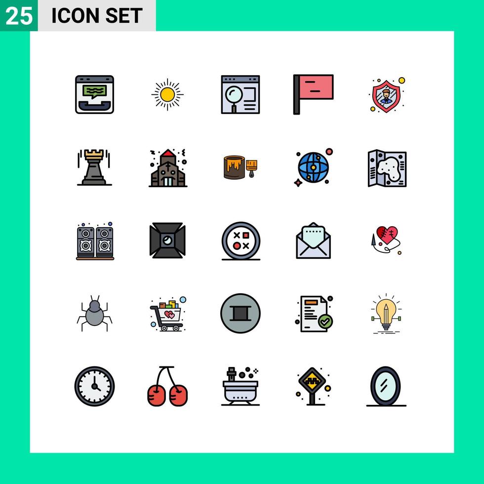 uppsättning av 25 kommersiell fylld linje platt färger packa för säkerhet anställd browser sport webb redigerbar vektor design element