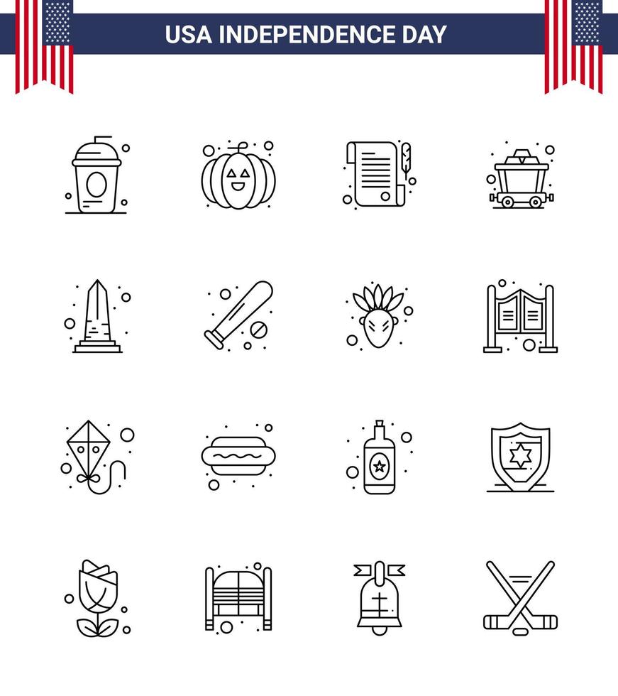 große packung mit 16 usa glücklicher unabhängigkeitstag usa vektorlinien und editierbare symbole von usa denkmal papier wahrzeichen mine editierbare usa tag vektor design elemente