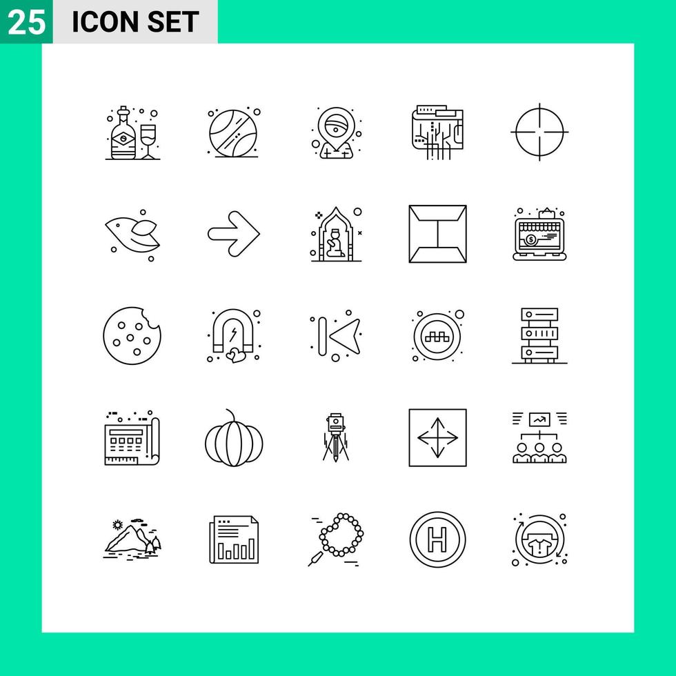 Gruppe von 25 Zeilen Zeichen und Symbolen für editierbare Vektordesign-Elemente für Fitness-Studio Multi-Karneval Internet-Währung vektor