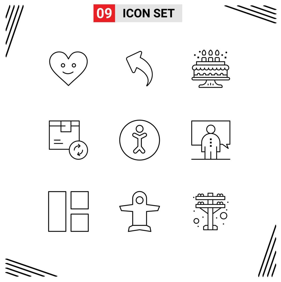 9-Benutzeroberflächen-Gliederungspaket mit modernen Zeichen und Symbolen für die Zugänglichkeit von Personen, Kuchen, Versandprodukt, bearbeitbare Vektordesign-Elemente vektor
