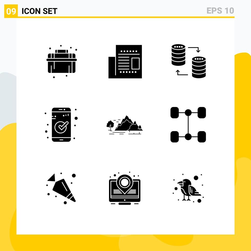 solides Glyphenpaket mit 9 universellen Symbolen für die wesentliche Datenbank des Hügels, überprüfen Sie die Freigabe editierbarer Vektordesignelemente vektor