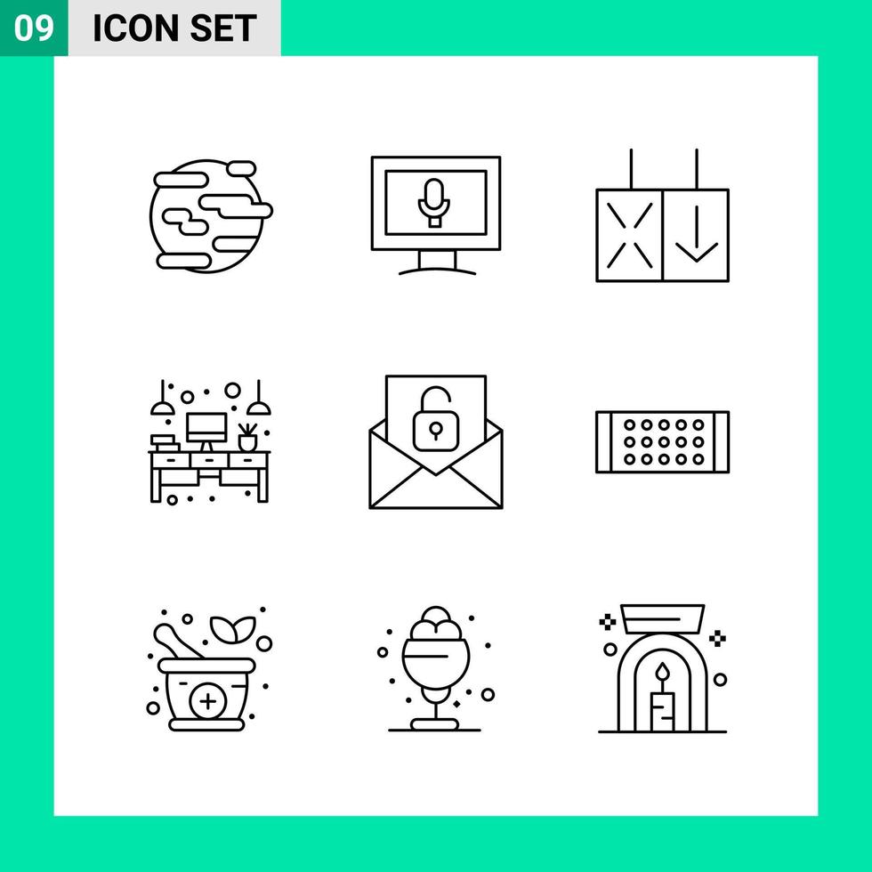 Packung mit 9 Linienstil-Icon-Set Umrisssymbolen für den Druck kreative Schilder isoliert auf weißem Hintergrund 9-Icon-Set kreativer schwarzer Icon-Vektor-Hintergrund vektor