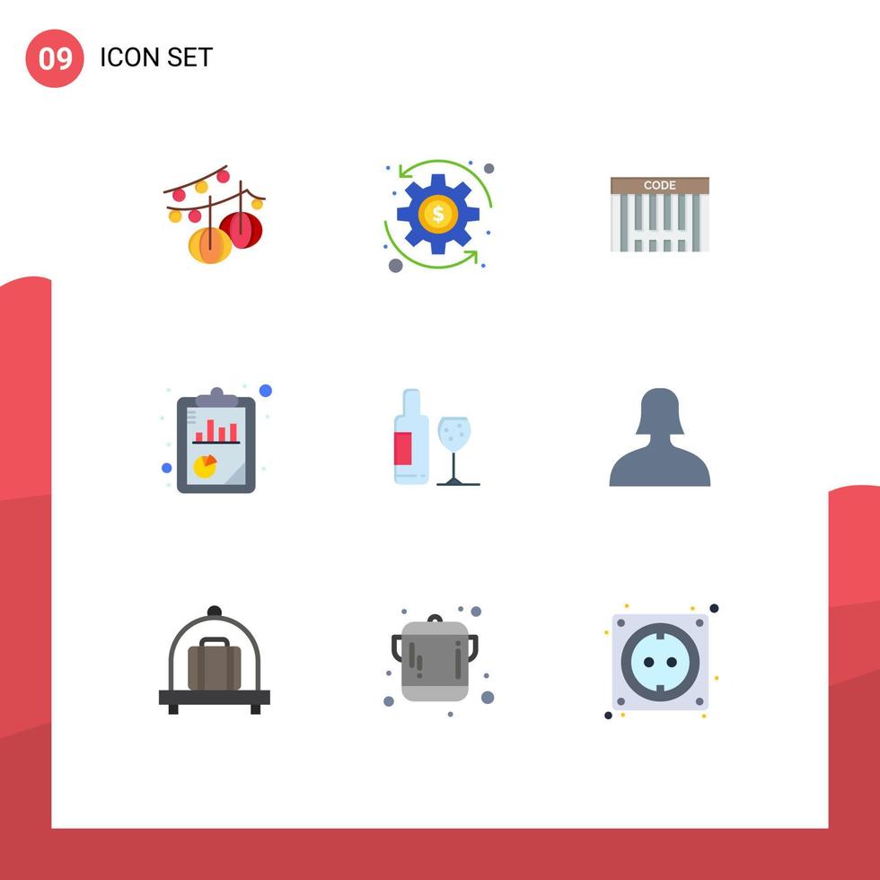 Aktienvektor-Symbolpaket mit 9 Zeilenzeichen und Symbolen für Glasgetränk-Barcode-Seo-Analysebericht editierbare Vektordesign-Elemente vektor