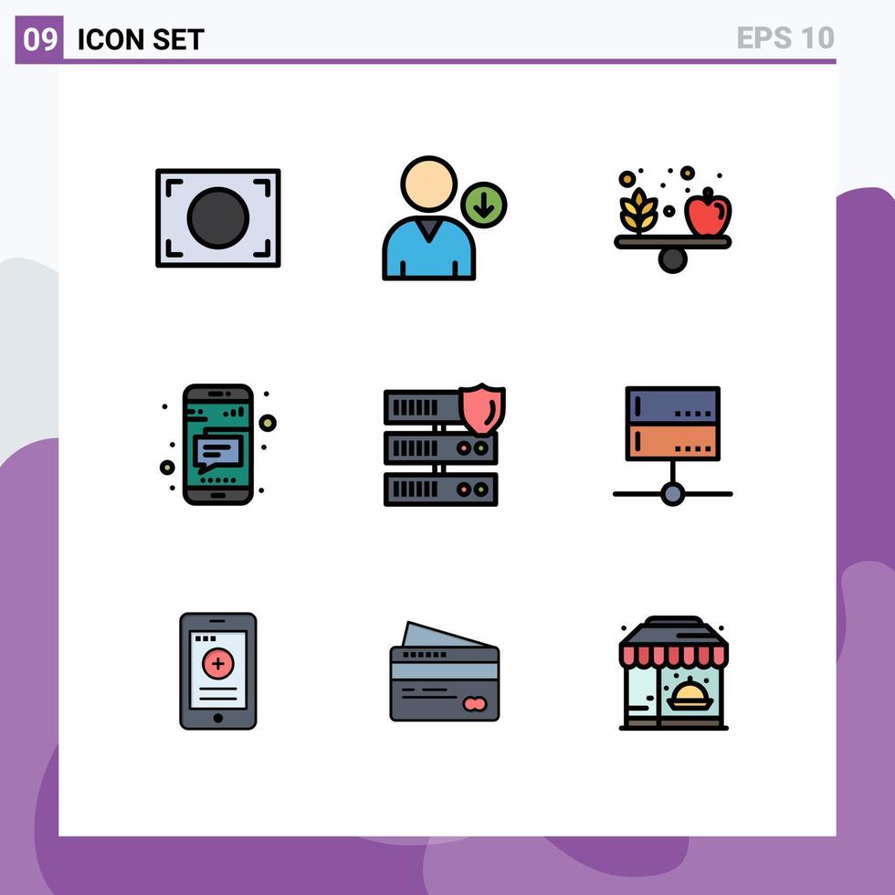 mobil gränssnitt fylld linje platt Färg uppsättning av 9 piktogram av säkerhet nätverk hälsa data telefon redigerbar vektor design element
