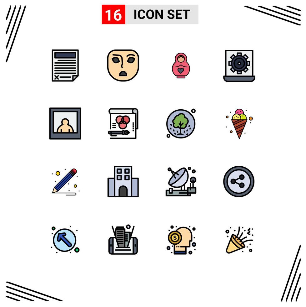 moderner Satz von 16 flachen, farbgefüllten Linien und Symbolen wie Fotopräferenz-Delphin-Laptop-Computer editierbare kreative Vektordesign-Elemente vektor