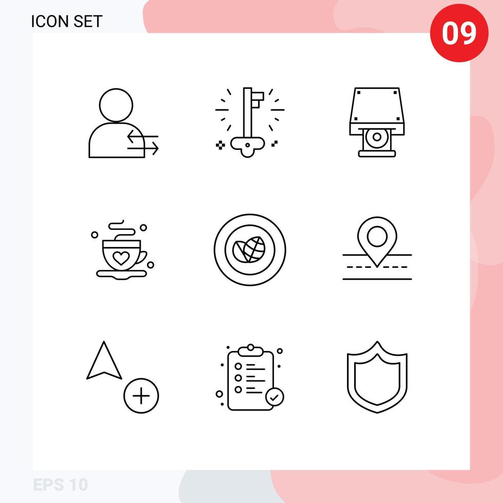 grupp av 9 modern konturer uppsättning för eco kärlek dvd te kopp redigerbar vektor design element
