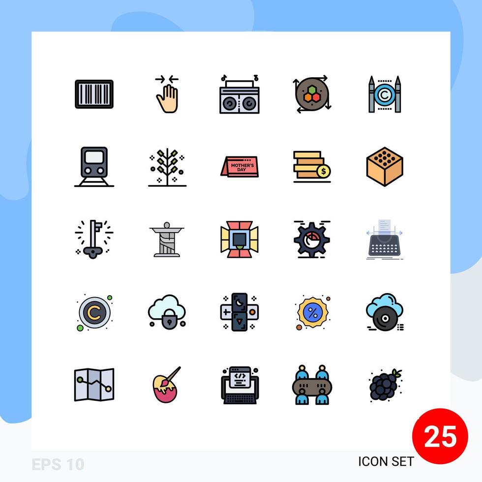 moderner satz von 25 gefüllten linienflachfarben und symbolen wie konfliktmodellierungswerkzeug zoom in modellierungsanwendung computergrafik editierbare vektordesignelemente vektor