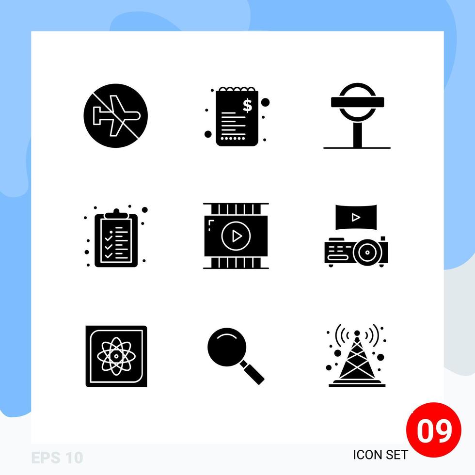 9 thematische Vektor-Solid-Glyphen und editierbare Symbole von Journalisten-Videolisten-Einkaufs-Clipboard-Zeichen editierbare Vektordesign-Elemente vektor