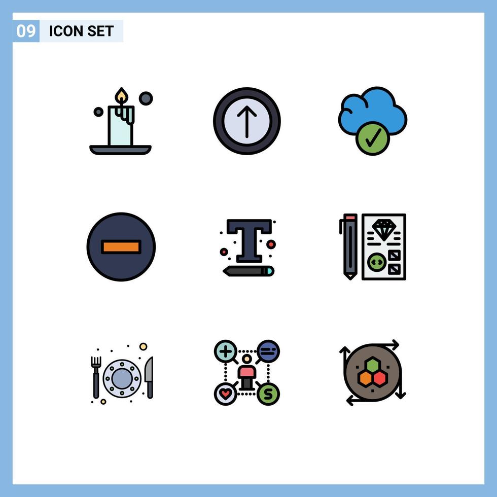 moderner Satz von 9 gefüllten flachen Farben Piktogramm der Texteinstellungen Schnittstelle Daten Schriftart bearbeitbare Vektordesign-Elemente entfernen vektor