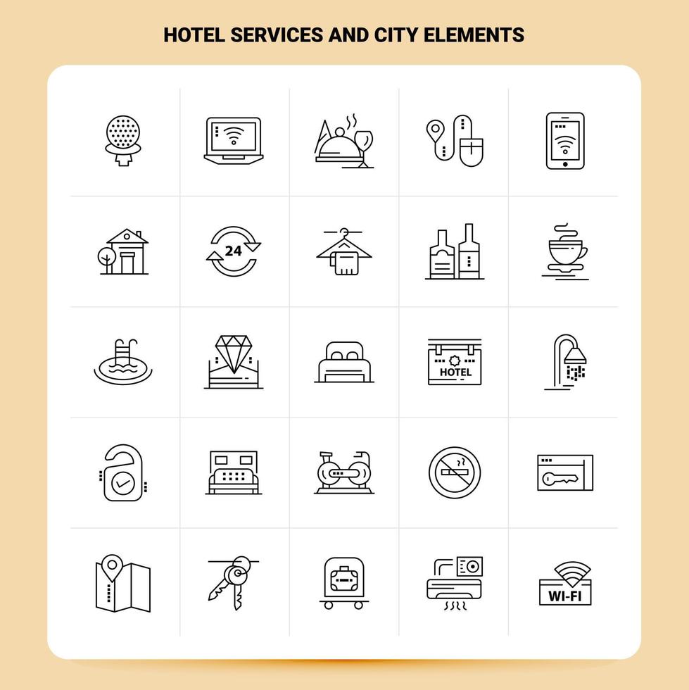 översikt 25 hotell tjänster och stad element ikon uppsättning vektor linje stil design svart ikoner uppsättning linjär piktogram packa webb och mobil företag idéer design vektor illustration