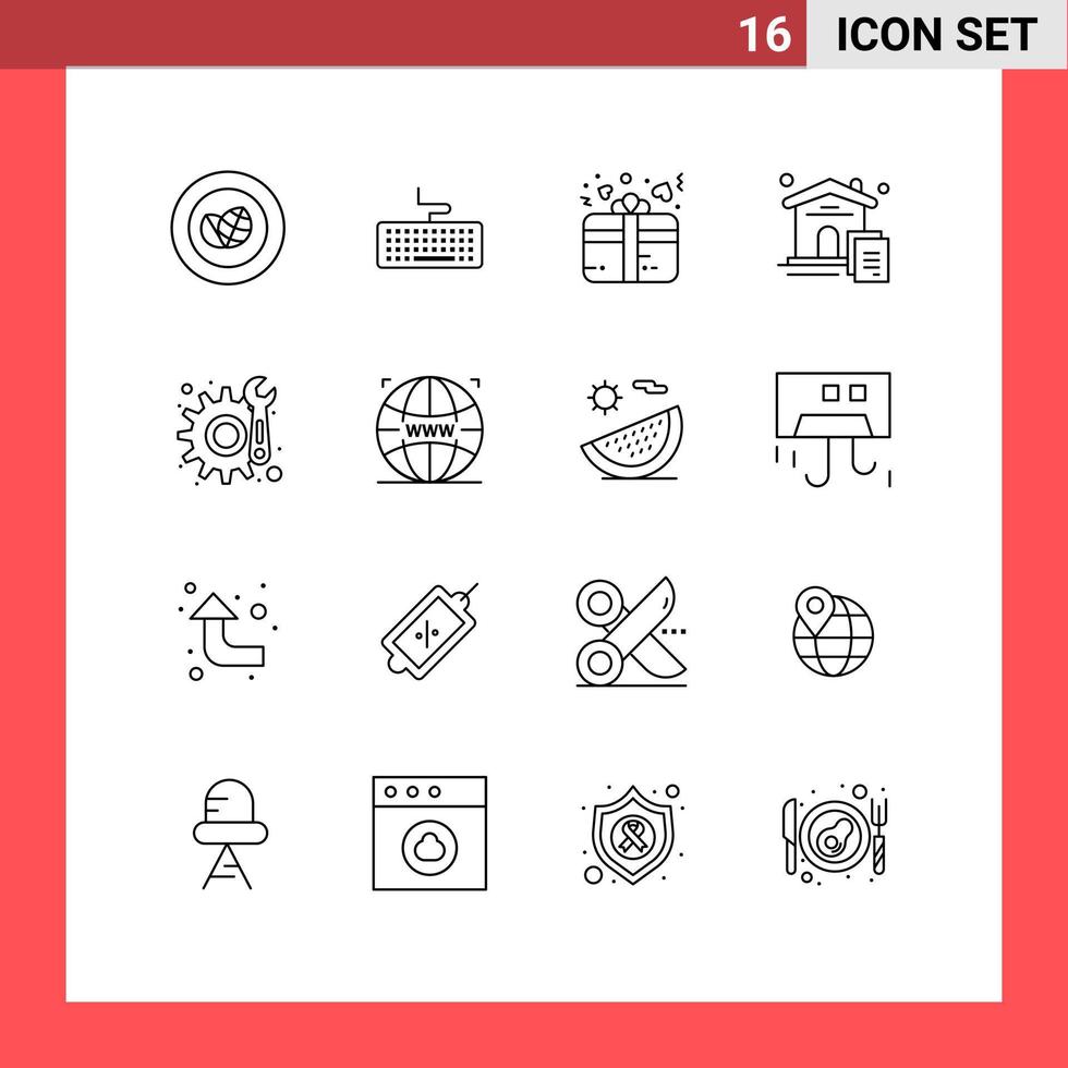 Piktogramm-Set mit 16 einfachen Umrissen von Wartungsimmobilien-Geschenkdokumenten nach Hause editierbare Vektordesign-Elemente vektor