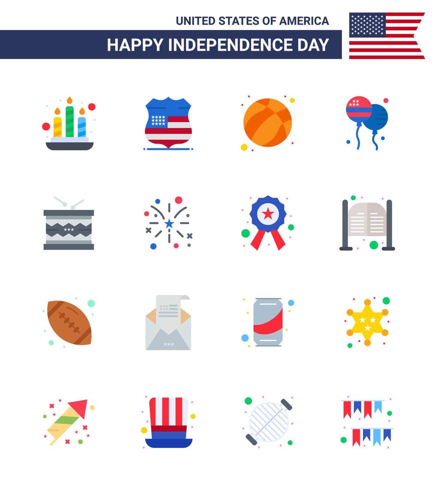 Happy Independence Day Pack mit 16 Flats Zeichen und Symbolen für Irish Drum Ball American Bloons editierbare Usa Day Vektor Design Elemente