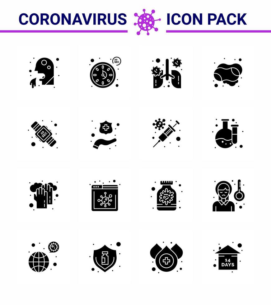 Corona-Virus-Krankheit 16 Solid Glyph Black Icon Pack saugt als Handseife Handtimer Reinigungsorgan virales Coronavirus 2019nov Krankheitsvektor-Designelemente vektor