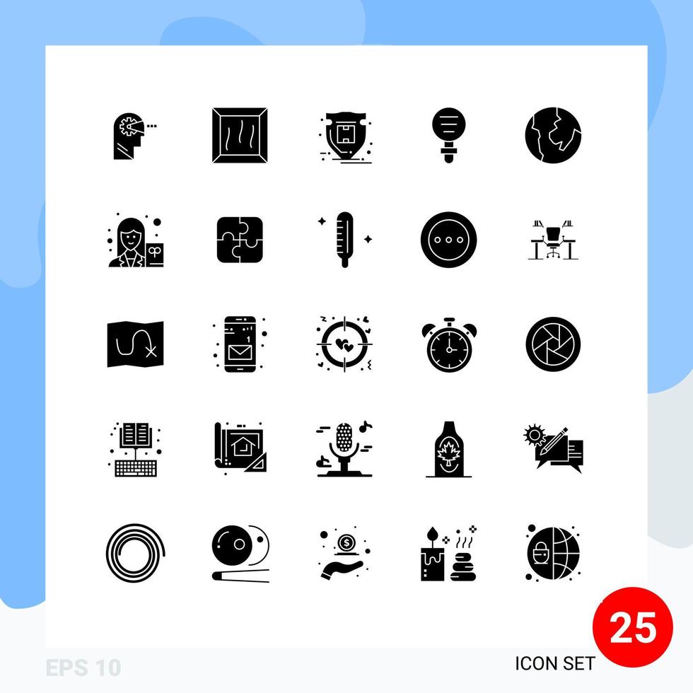 Gruppe von 25 modernen soliden Glyphen, die für Kartenforschungsschutzlaborchemie editierbare Vektordesignelemente festgelegt wurden vektor