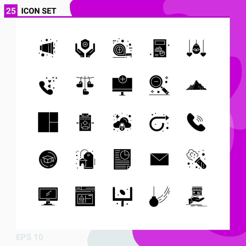 Piktogrammsatz von 25 einfachen soliden Glyphen des Herzdiagramms, das Diagrammgeschäft editierbare Vektorgestaltungselemente misst vektor