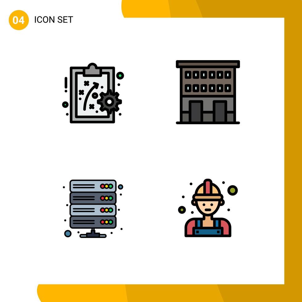 moderner Satz von 4 gefüllten flachen Farben und Symbolen wie Performance-Management-Datenbank-Gebäude Shop-Front-Speicher editierbare Vektor-Design-Elemente vektor