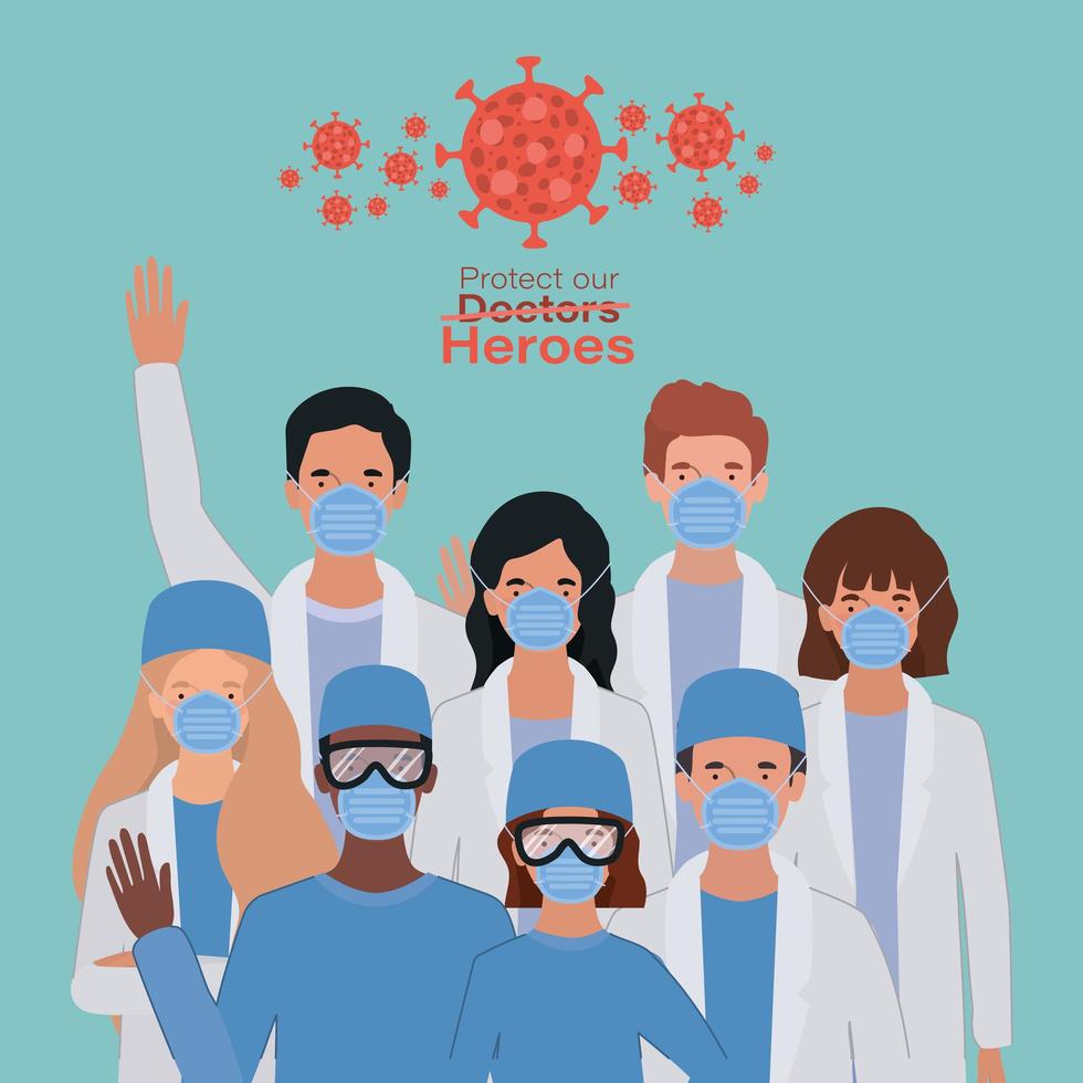 Frauen und Männer Ärzte Helden mit Uniformen und Masken vektor