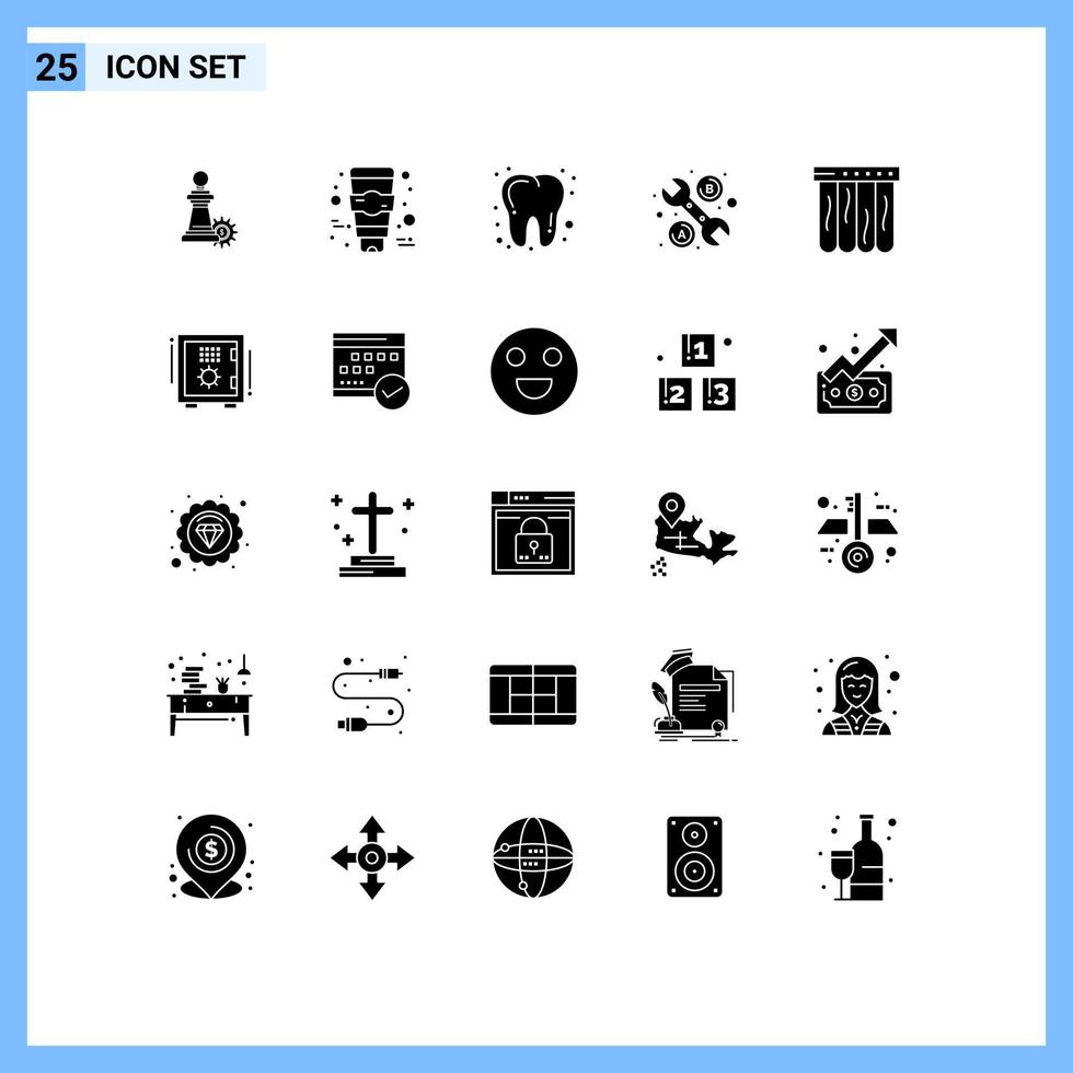 Piktogrammsatz von 25 einfachen soliden Glyphen von Box Sommer Zahnarzt Pool Schraubenschlüssel editierbare Vektordesign-Elemente vektor