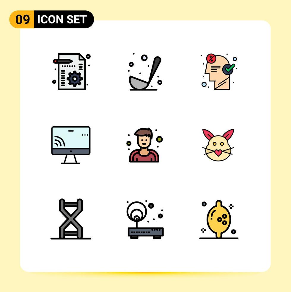 modern uppsättning av 9 fylld linje platt färger pictograph av idrottare skärm hjärna övervakare seo redigerbar vektor design element