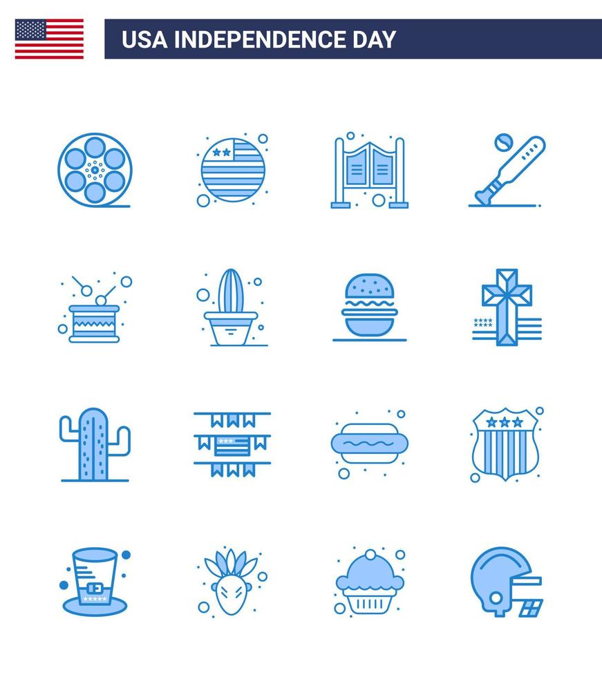 Lycklig oberoende dag 16 blues ikon packa för webb och skriva ut trumma USA hushåll sporter baseboll redigerbar USA dag vektor design element