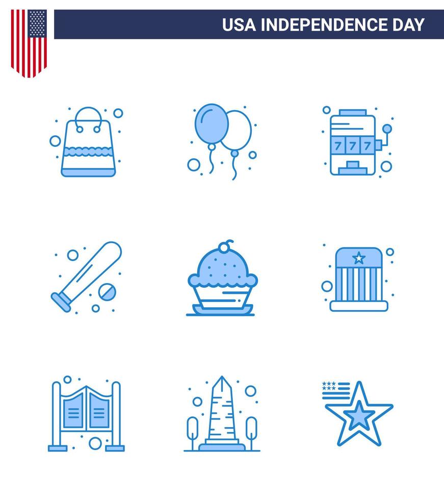 modern uppsättning av 9 blues och symboler på USA oberoende dag sådan som kaka sporter kasino fladdermus boll redigerbar USA dag vektor design element