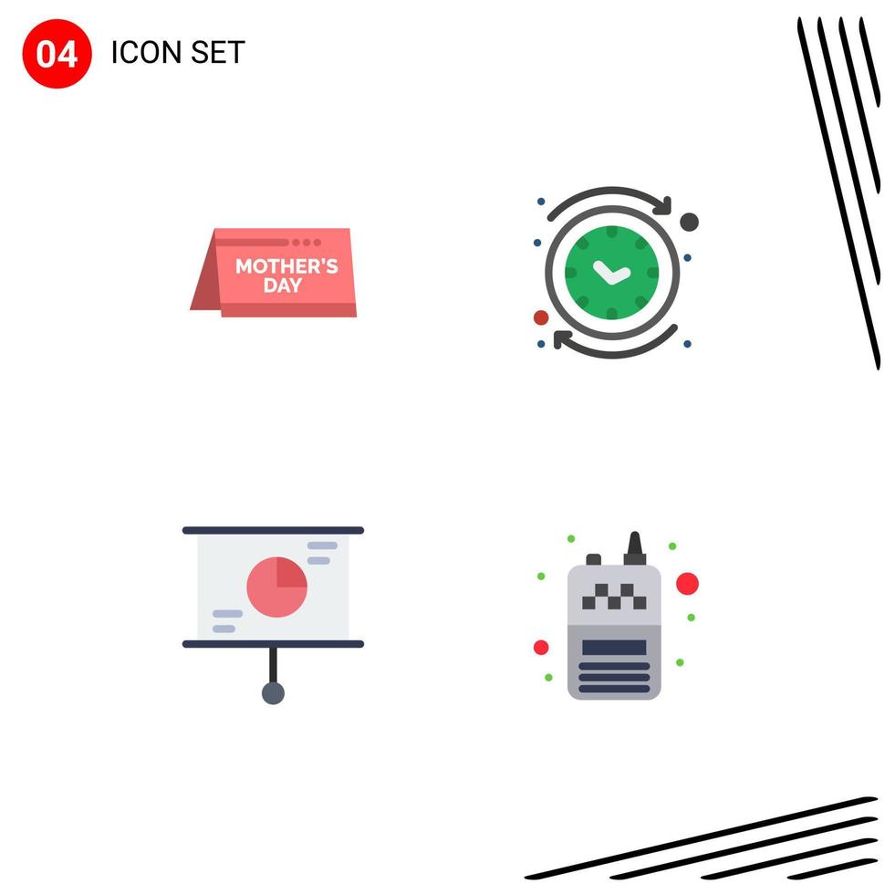 Gruppe von 4 modernen flachen Symbolen, die für editierbare Vektordesign-Elemente der Kalendergeschäftszeituhr-Strategie festgelegt werden vektor