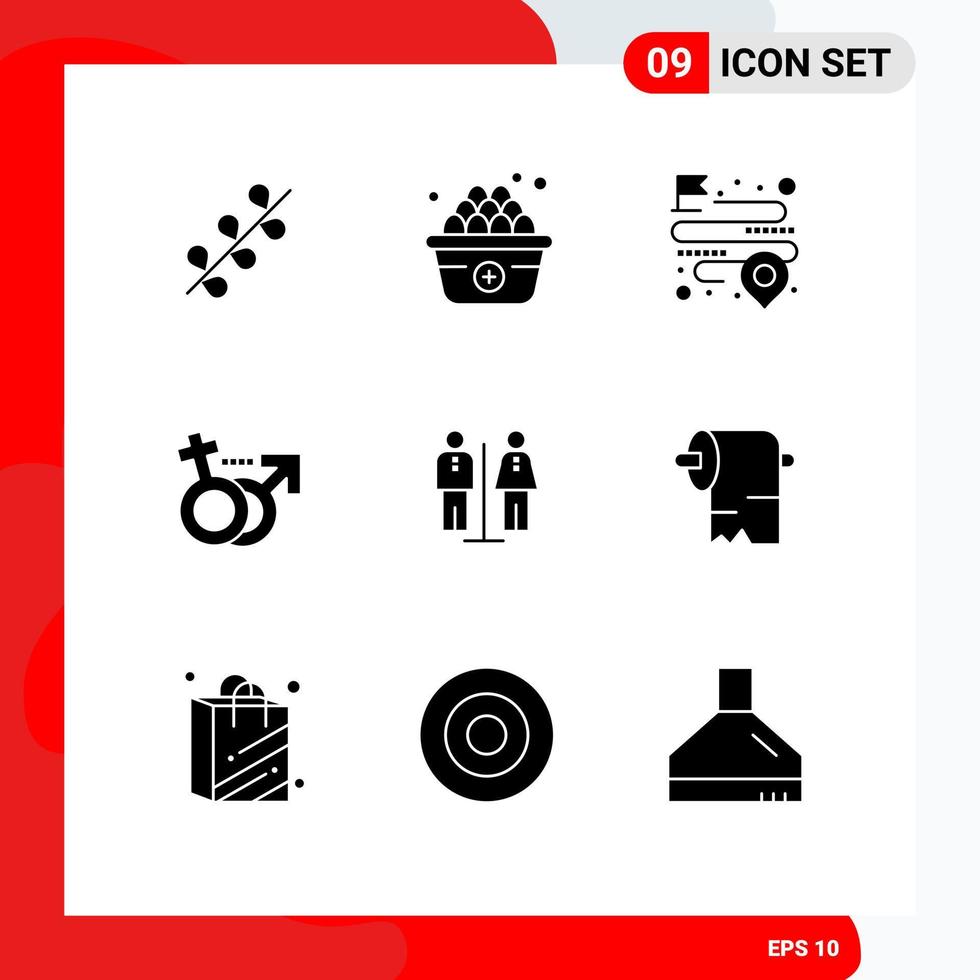 Gruppe von 9 soliden Glyphenzeichen und Symbolen für männliche editierbare Vektordesign-Elemente des Hotelaufzugsstandortsymbols vektor