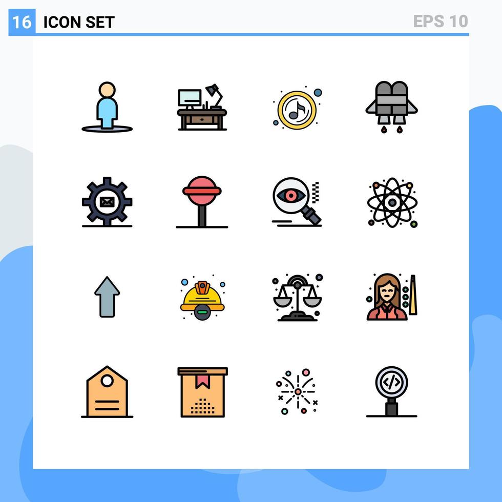 universelle Symbolsymbole Gruppe von 16 modernen, flachen, farbgefüllten Linien von Nachrichten-E-Mail-Spielausrüstung Jetpack editierbare kreative Vektordesign-Elemente vektor