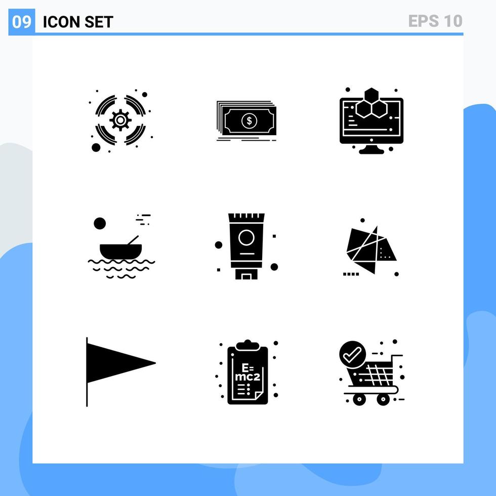 modern uppsättning av 9 fast glyfer och symboler sådan som grädde flod analys kajak båt redigerbar vektor design element