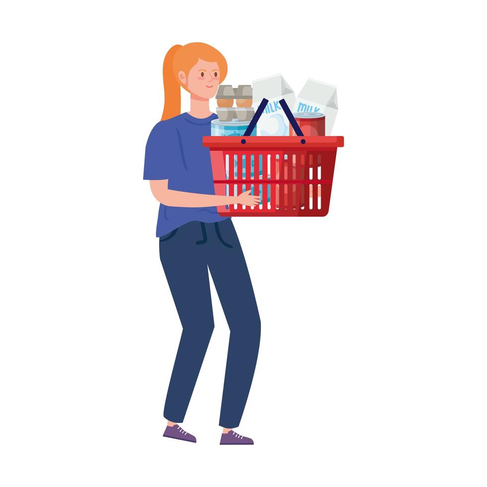 Frau mit Einkaufskorb voller Lebensmittel vektor
