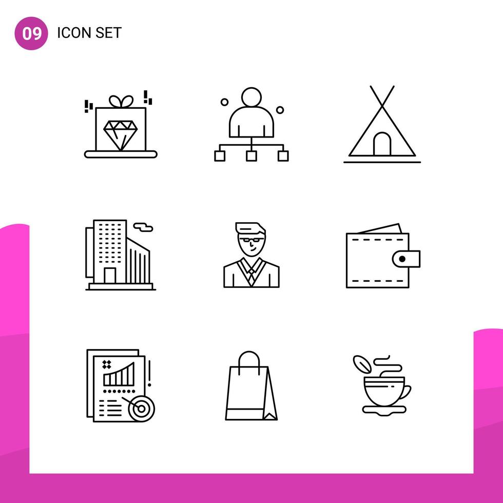 Umriss-Icon-Set Packung mit 9 Zeilensymbolen isoliert auf weißem Hintergrund für ansprechendes Website-Design, Druck und mobile Anwendungen, kreativer schwarzer Symbol-Vektorhintergrund vektor