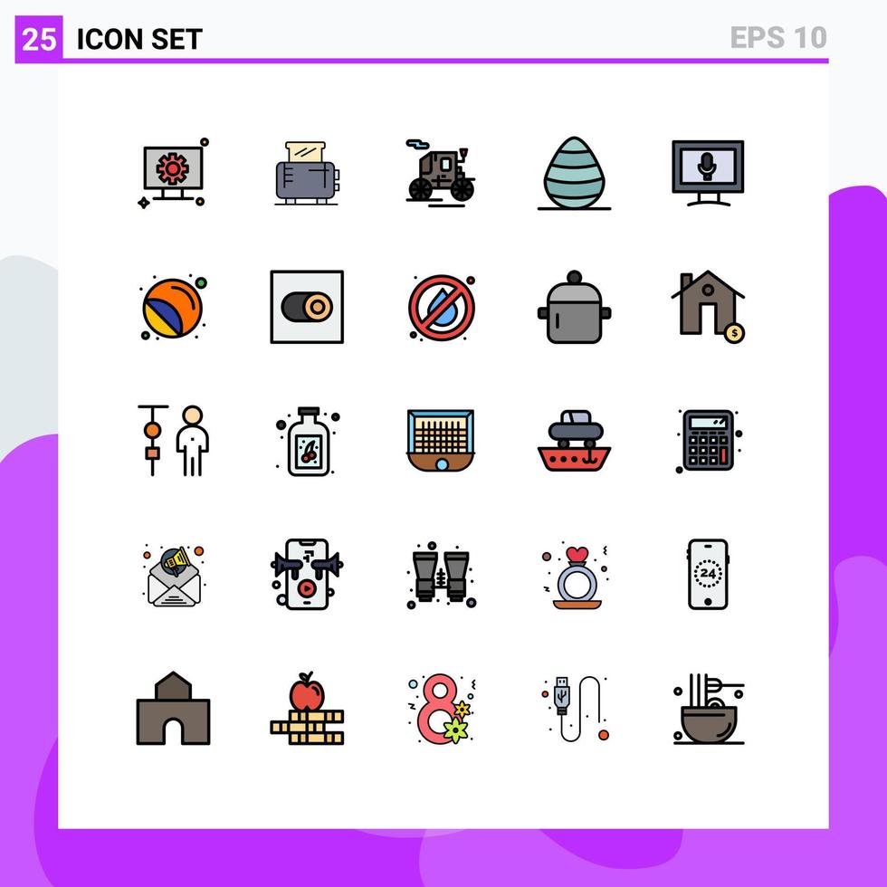 25 universelle gefüllte Linien flache Farbzeichen Symbole des Mikrofonmonitors Pferdekutschenfahrzeug Federei editierbare Vektordesign-Elemente vektor