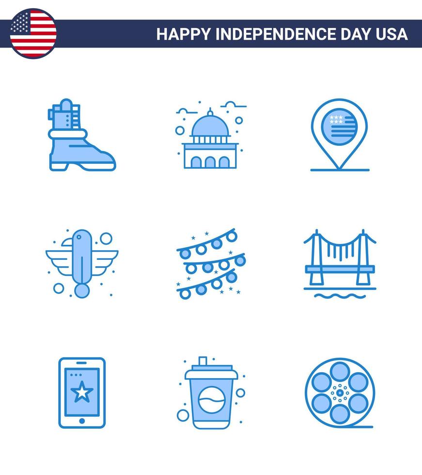 modern uppsättning av 9 blues och symboler på USA oberoende dag sådan som buntings Örn amerikan fågel amerikan redigerbar USA dag vektor design element