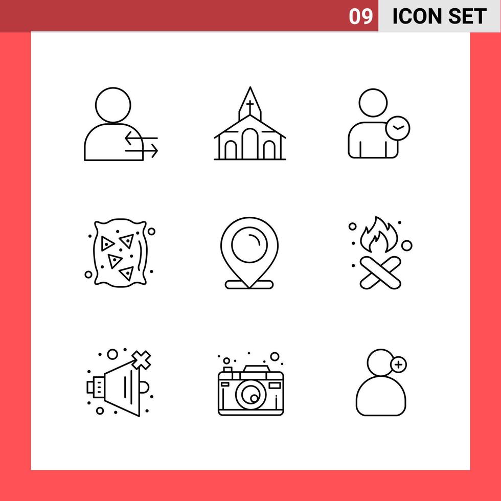 9 Icon Pack Line Style Umrisssymbole auf weißem Hintergrund einfache Zeichen für die allgemeine Gestaltung kreativer schwarzer Icon-Vektor-Hintergrund vektor