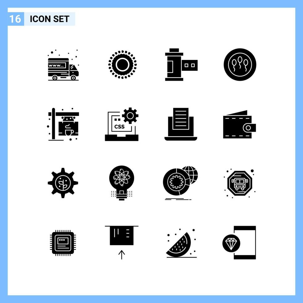 16 ikoner fast stil kreativ glyf symboler svart fast ikon tecken isolerat på vit bakgrund kreativ svart ikon vektor bakgrund