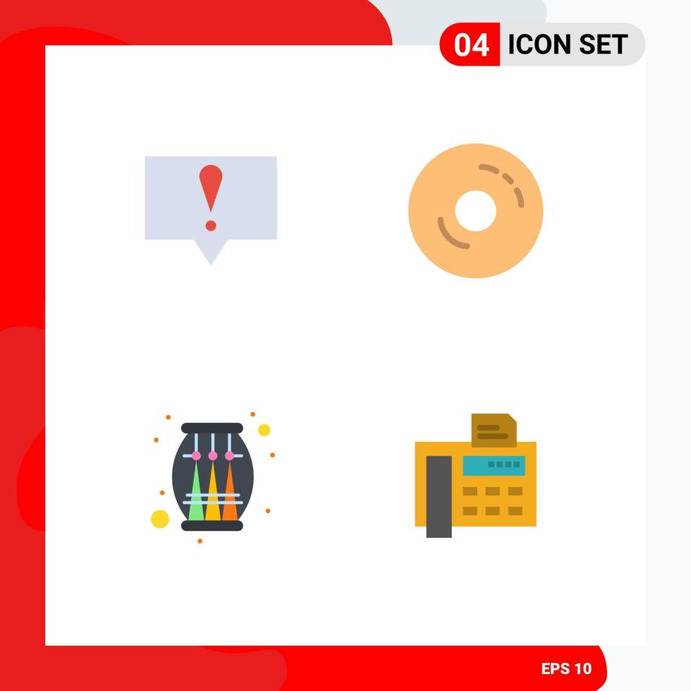 4 flaches Icon-Konzept für mobile Websites und Apps alarmieren Musik Bagels Food Party editierbare Vektordesign-Elemente vektor