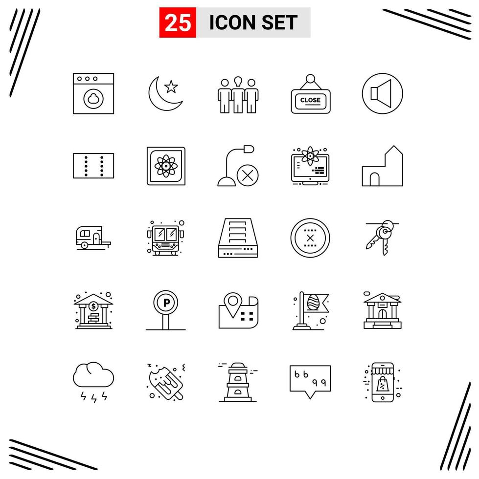 Stock Vector Icon Pack mit 25 Zeilenzeichen und Symbolen für Lautstärke Sound Daybed Close Board editierbare Vektordesign-Elemente