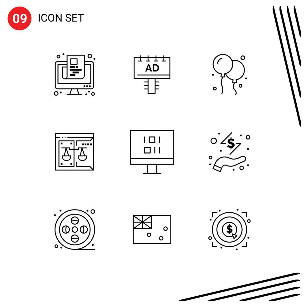 Gliederungspaket mit 9 universellen Symbolen von Computer Digital Signboard Court Business editierbare Vektordesign-Elemente vektor