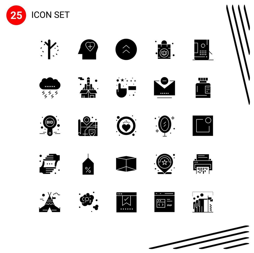 universelle Symbolsymbole Gruppe von 25 modernen soliden Glyphen des Designs Eimer Pfeile Geldbörse Handtasche editierbare Vektordesign-Elemente vektor