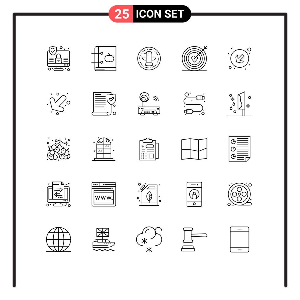 25 kreative Symbole, moderne Zeichen und Symbole der Down-Hochzeit, amerikanisches Zielherz, editierbare Vektordesign-Elemente vektor